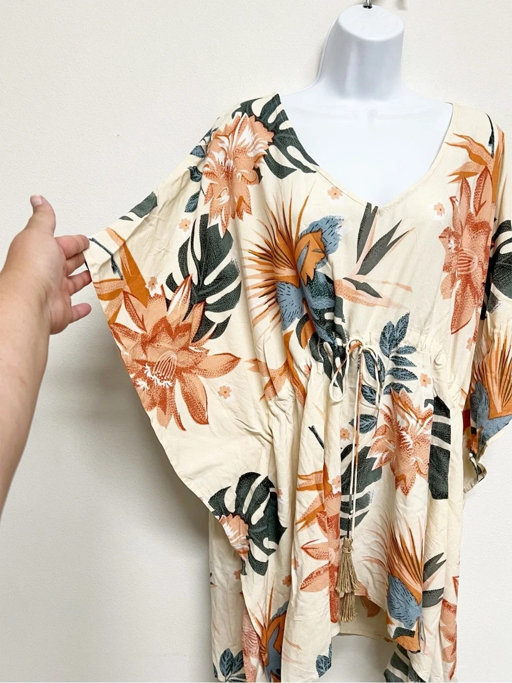 Z & L Womens Tropical Palm Print Shell Beaded Coverup Kaftan Tunic Size Medium